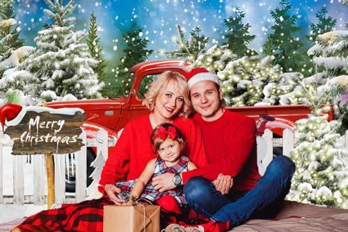Winter Christmas Snowman Red Truck Backdrop 10x8ft Merry Christmas Winter Forest Photography Background Xmas Theme Party Decorations Studio Photo Booth Props