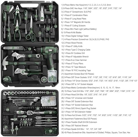 Prostormer Home Tool Kit with 8V Cordless Drill Driver, Green
