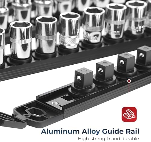 Reniteco Magnetic Socket Organizer Set, 6-Piece 1/4” 3/8” 1/2” Socket Rails | 80-Clip: 1/4" Rail-28 Clips, 3/8" Rail-24 Clips, 1/2" Rail-28 Clips, Heavy-Duty Aluminum Alloy Rails, Drawer or Wall Mount