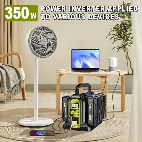 350W Power Inverter Compatible with Ryobi 40V Battery 4-Ports DC 40V to AC 110~120V Pure Sine Wave Battery Inverter with LED Light, USB-A Port,Type-C Port,DC Port for Camping Emergency Travel