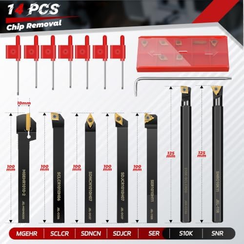 Indexable Lathe Turning Tool 21Pcs Kit 3/8'' 10mm Shank 7Pcs Metal Lathe Tools Holder Set with 14Pcs Turning Inserts for Turning Grooving Threading Boring Carbide Inserts Carbide Turning Tool