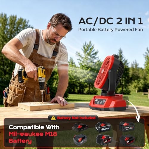 Battery Operated Fan for Milwaukee M18 battery, Camping Fan with USB A/C & LED Lights, 4 Speeds & Remote Control, Portable/Cordless/Battery Powered fan, for Outside, Jobsite (Battery Not Included)
