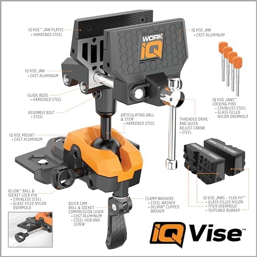 Work IQ Tools IQ Vise & IQ Connect | 360° Articulating Bench Vise & Hands-Free Accessory System with 3 Bench Mounts | Includes Vise Jaws, Magnifying Glass, Rechargeable Work Light & Cell Phone Holder