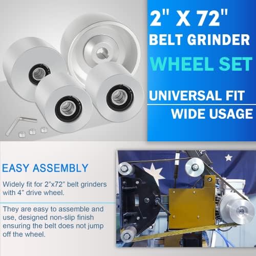 2" x 72" Belt Grinder Wheel Set Complete Wheel Kit Aluminum Wheel Crowned for Knife Grinder 4" Drive 5/8" Bore 3" Track 2" Idler (4" 5/8-3" - 2")