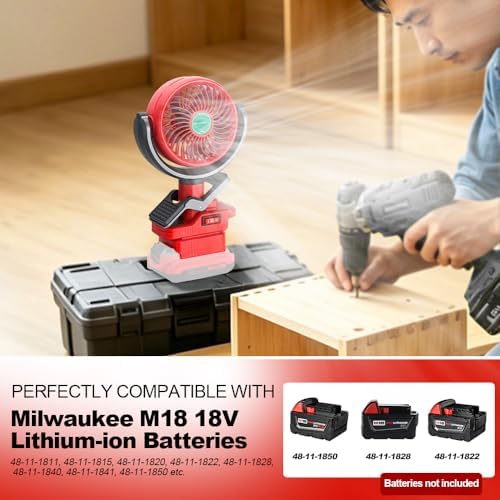 Portable Clip Fan Compatible with Milwaukee 18V Battery, Battery Powered Fan with Dual USB Charging, Cordless Fan with Adjustable Head, for Car, Home, Outdoor,Camping, Picnic and Job Site(Tool Only)