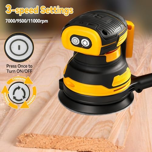 Brushless Palm Sander with 3 Speeds, Cordless 5" Random Orbital Sander, Dust Collector & 20 Sandpaper Sheets (60#–240#), Ideal for Woodworking, Polishing & Waxing (Fit for DW Battery)