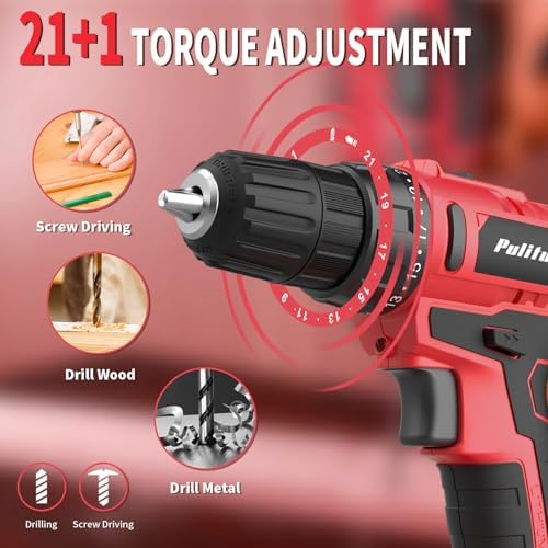 PULITUO 20V Cordless Drill Set, 2 Batteries Electric Screwdriver, 30Nm Power Drill Driver, 21+1 Torque, 2 Speed, 3/8"Keyless Chuck, power Drill with LED Light, Drill Driver Kit for Home (Red)
