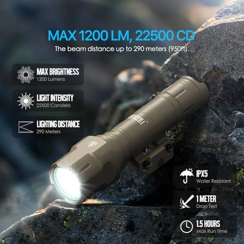 Feyachi Rifle Light 1200LM 22500Candela WL25 Tactical AR Flashlight LED Outdoor Light with Pressure Switch & Picatinny/Mlock Rail Mount, 3 Modes - High/Low/Strobe