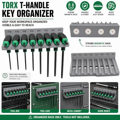 Magnetic T-Handle Hex Key Organizer Rack - Wrench Organizer for Garage, Tool Cart, or Workshop – Compatible with Toolboxes and Storage Systems - sae/metric/torx (Torx)