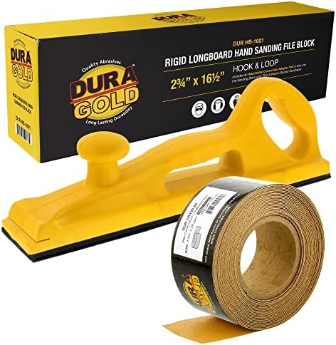 Dura-Gold Pro Series Rigid Longboard Hand Sanding File Block with Both Hook & Loop Backing and PSA Backing Adapter Pad & 120 Grit PSA Longboard Sandpaper 20 Yard Continuous Roll, 2-3/4" Wide