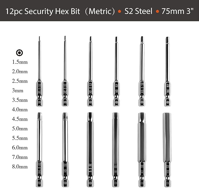 Dandeeler 12 Piece Allen Wrench Drill Bits Security Hex Bit Set Metric, S2 Steel 3 Long, with Tool Bag 12pc Security Hex Metric 3inch