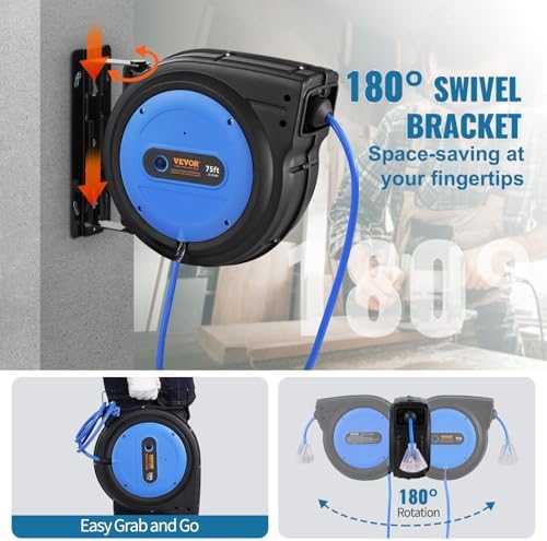 VEVOR Retractable Extension Cord Reel 75FT Heavy Duty 14AWG/3C SJTOW Blue