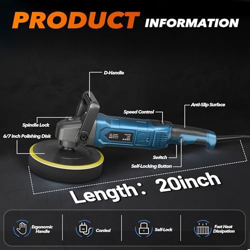 Buffer Polisher, 6 Inch/7 Inch 1600W Rotary Car Buffer Polisher Waxer, 7 Variable Speed 1000-3500 RPM, Detachable Handle for Waxing, Polishing & Scratch Removal