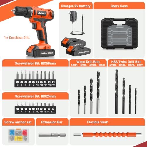 PULITUO 20V Cordless Drill Set, 2 Batteries Electric Screwdriver, 30Nm Power Drill Driver, 21+1 Torque, 2 Speed, 3/8"Keyless Chuck, power Drill with LED Light, Drill Driver Kit for Home (Orange)