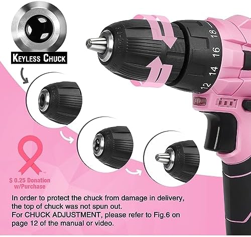 WORKPRO 12V Pink Cordless Drill Driver and Home Tool Kit, Hand Tool Set for DIY, Home Maintenance, 14-inch Storage Bag Included - Pink Ribbon