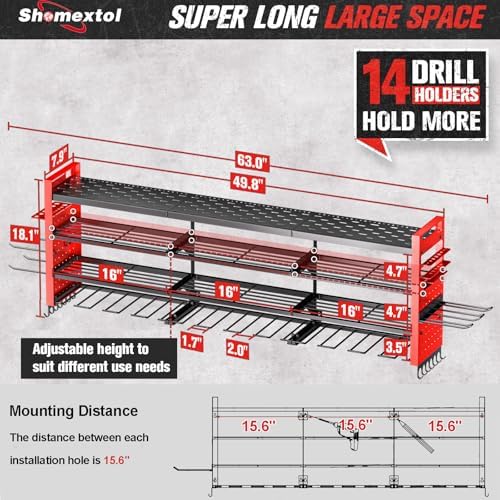 49.8" Power Tool Organizer Wall Mount,Holds 14 Cordless Drills