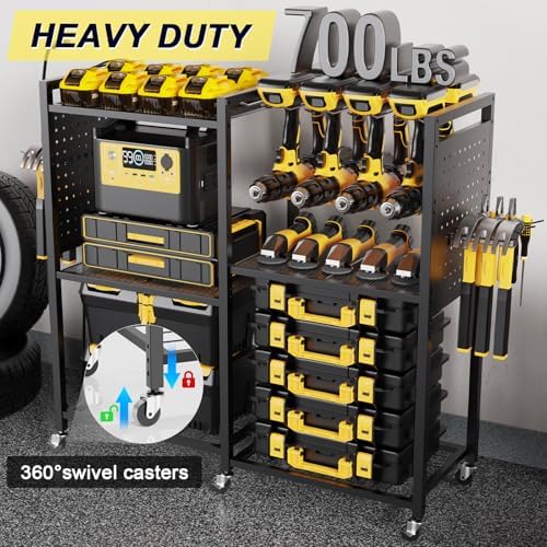 6-Tier Large Power Tool Organizer Cart with Charging Station, Heavy-Duty Garage Rolling Tool Cart with 6 Wheels, 8 Hooks & Adjustable Shelves, Holds 700LBS+
