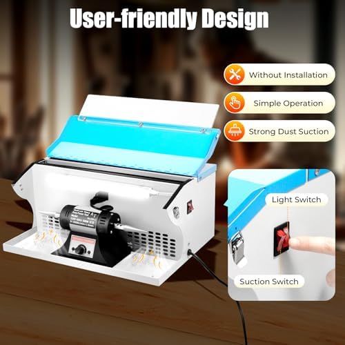 500W Jewelry Polisher, Bench Polishing Buffing Machine with Infinitely Adjustable Speed & Light, 0-10000Rpm & Low Noise, Dust Collector Bench Top Polisher for Jewelry Aluminum Chrome Acrylic Etc