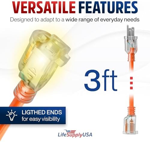 3ft Outdoor/Indoor Extension Cord 14/3 Gauge Heavy Duty 3 Prong SJTW, Waterproof, Flexible Cold-Resistant Long Power Cord,15A 125V 1875W, Orange by LifeSupplyUSA