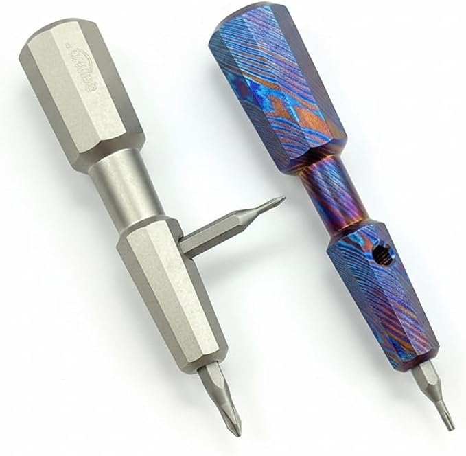 Mini Titanium EDC Pocket Screwdriver with 7 Bit Storage, 81mm / 3.19in Magnetic Precision Hex Driver Tool, Portable Polygon Everyday Carry Tool (Titanium Stonewash)