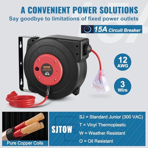VEVOR Retractable Extension Cord Reel, 45 FT, Heavy Duty 12AWG/3C SJTOW Extension Power Cord with Lighted Triple Tap Outlet, 15A Circuit Breaker 180° Swivel Bracket for Ceiling or Wall Mount, Red