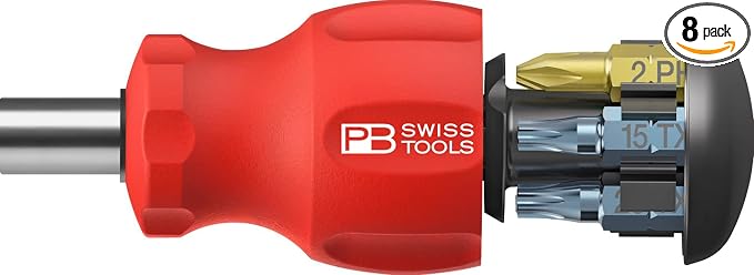 PB Swiss Tools Stubby Screwdriver PB 8453 | 100% Swiss Made | Small Screwdriver with Bits in the Handle, Size Slot 3, PH1/PH2, T15/T20/T25 and Magnetic Tip for General Screwdriving Work