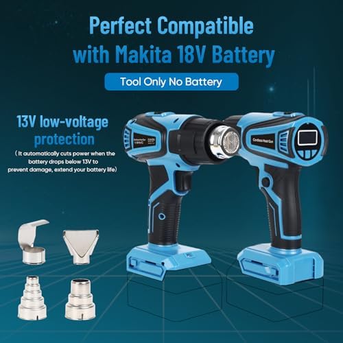 Cordless Heat Gun for Makita 18V Battery Users – 122°F~1112°F Variable Temp, LCD Display, 4 Nozzles, Hands-Free Lock | Ideal for Vinyl Wrap, Shrink Tubing & DIY Projects (Tool Only, Not by Makita)