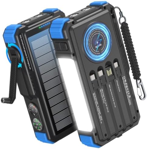 BLAVOR Solar Power Bank with Hand Crank and Built-in 4 Cables 20000mAh