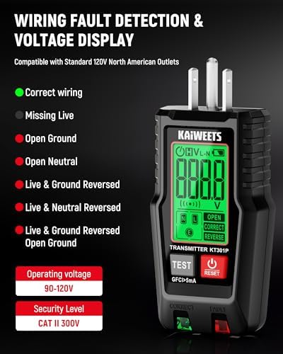 KAIWEETS Circuit Breaker Finder with LCD Display, GFCI Outlet Tester, Electrical Circuit Tracer Tool with NCV Test & Flashlight, Includes Carrying Case and Adapters- KT301P