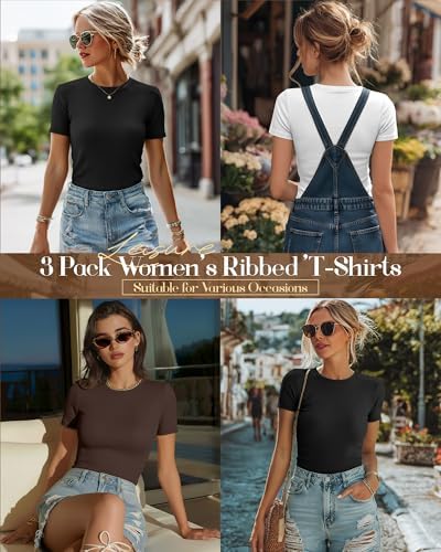Ficerd 3 Pack Women's Ribbed Short Sleeve T-Shirts