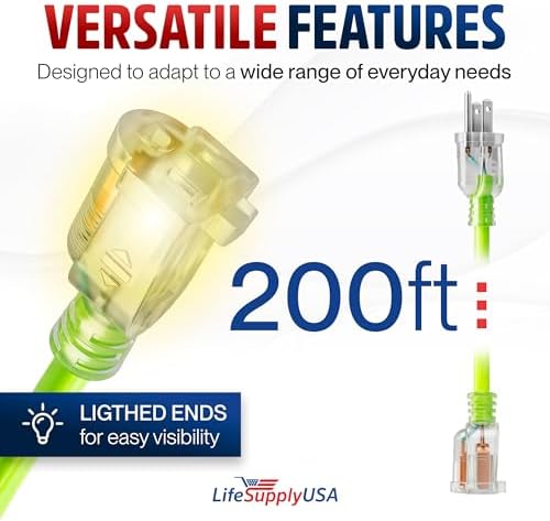 200ft Outdoor/Indoor Extension Cord 12/3 Gauge Extra Heavy Duty 3 Prong SJTW, Waterproof, Flexible Cold-Resistant Long Power Cord, 15A 125V 1875W, Neon Green by LifeSupplyUSA