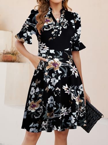 Mokayee Womens Summer V Neck Ruffle Short Sleeve Fit and Flare Knee Length Church Wedding Guest Dresses with Pockets