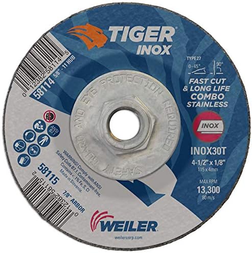 Weiler 58114 4-1/2" x 1/8" Tiger INOX Type 27 Cut and Grind Combo Wheel, INOX30T, 5/8"-11" UNC Nut (Pack of 10)