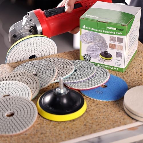 4 Inch Diamond Polishing Pads with 5/8’’-11 Backer Pad, 12PCS Wet/Dry Granite Stone Polish Pad Kit for Drill, Grinder, Polisher, 50-6000 Grit Polishing Pad for Concrete Marble Rock Countertop Quartz