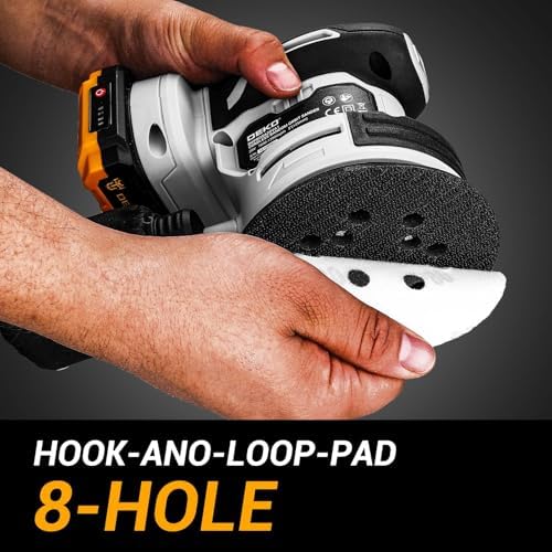 Cordless Orbital Sander: DEKOPRO 20V Random Orbit Sander, 5inch Power Palm Sander Electric Sanders Tool with Battery, Charger, Dust Collector, 16 Pcs Sanding Discs for Woodwroking