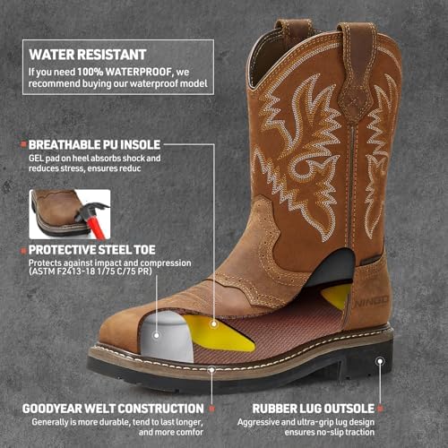 HISEA NINGO Steel Toe Work Boots for Men Square Toe Cowboy Boots Soft Toe