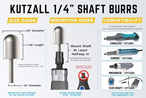 Kutzall 3-Piece Rotary Burr Kit - 1⁄4" Shaft, Fine - Wood Carving Bits for Bosch, DeWalt, Milwaukee Tools - Structured Tungsten Carbide