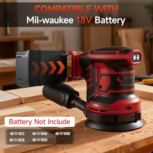 Cordless Sander Compatible with Milwaukee 18V Battery, Random Orbit Sanders 5 Inch Brushless with 6 Variable Speed 9700-19000RPM, 20PCS Sanding Discs & Dust Collector(No Battery)
