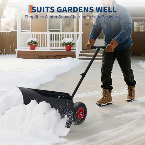 MAXSA 29" W Push Snow Plow Shovel with Wheels for Driveway, Black