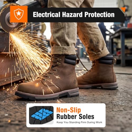 NINGO Steel Toe Work Boots for Men, Water Resistant Crazy Horse Leather