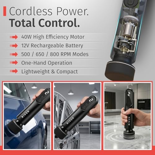 RIVEN Cordless Car Polisher Buffer Kit, Adjustable 3 Speeds - 2Pcs 12V Rechargeable Battery, 3inch Orbital and Rotary Fast Polisher for Car Detailing, Waxing, Paint Correction Car & RV Polisher