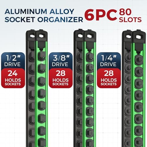 Reniteco Magnetic Socket Organizer Set, 6-Piece 1/4” 3/8” 1/2” Socket Rails | 80-Clip: 1/4" Rail-28 Clips, 3/8" Rail-24 Clips, 1/2" Rail-28 Clips, Heavy-Duty Aluminum Alloy Rails, Drawer or Wall Mount