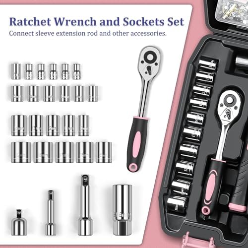 Sundpey 281 Pcs Home Tool Kit Portable Complete General Hand Tool Set Pink