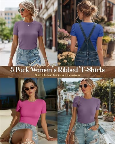 Ficerd 3 Pack Women's Ribbed Short Sleeve T-Shirts