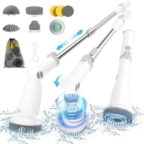 Marchpower Electric Spin Scrubber, Power Shower Scrubber Cordless Cleaning Brush 6 Replaceable Brush Heads, 2 Speeds, Adjustable Detachable Handle, IPX7 Waterproof Bathroom Scrubber Tub Tile Floor