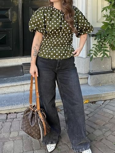 Cicy Bell Women Polka Dot Peplum Blouse Round Neck Puff Sleeve Summer Top