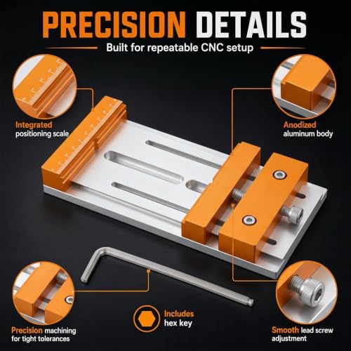 Low Profile Aluminum Mini Cnc Vise for Router Machine, Workholding Clamp for Wood & Metal Milling, 7.87"x3.94", 136mm Clamping Range, Precision Bench Vise for 3018/4040 Desktop Cnc Router