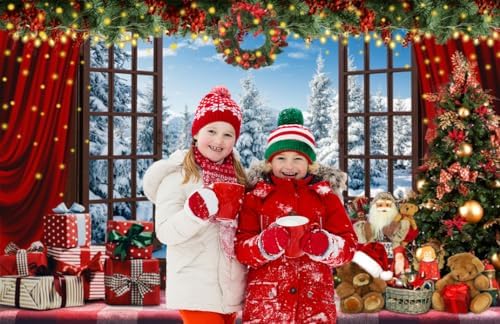 12x8ft Christmas Window Backdrop for Photography Winter Wonderland Snow Mountain Christmas Tree Photo Background Xmas Theme Holiday Party Decorations Banner Family Photo Shoot Background