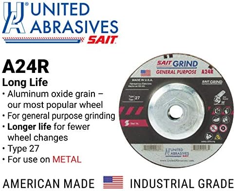 United Abrasives-SAIT 20076 A24R General Purpose/Long Life Grinding Wheel (Type 27/Depressed Center) 6" x 1/4" x 5/8-11", 10-Pack