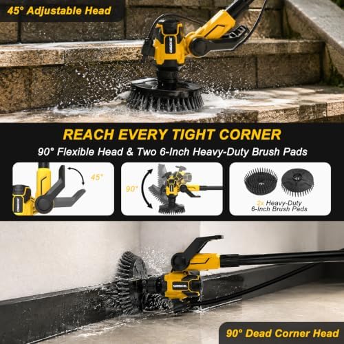 6" Brushless Cordless Power Spin Scrubber Compatible with DeWalt 20V Max (Tool Only), 2-Speed 350 RPM Electric Floor Scrubber with Water Hose Valve, 90° Adjustable Head for Deck, Patio & Driveway